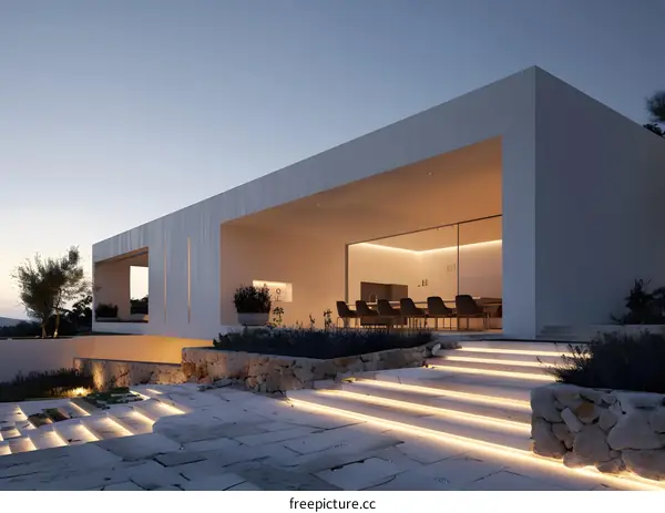Modern Minimalist Villa with Stone Steps and Illuminated Pathway