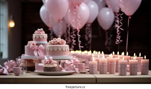 Pink and White Birthday Party Table with Cake, Cupcakes, Candles, and Balloons