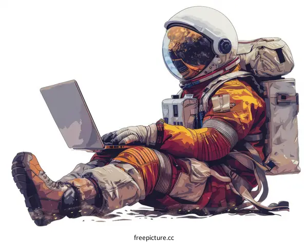 An astronaut is sitting on the moon and using a laptop.