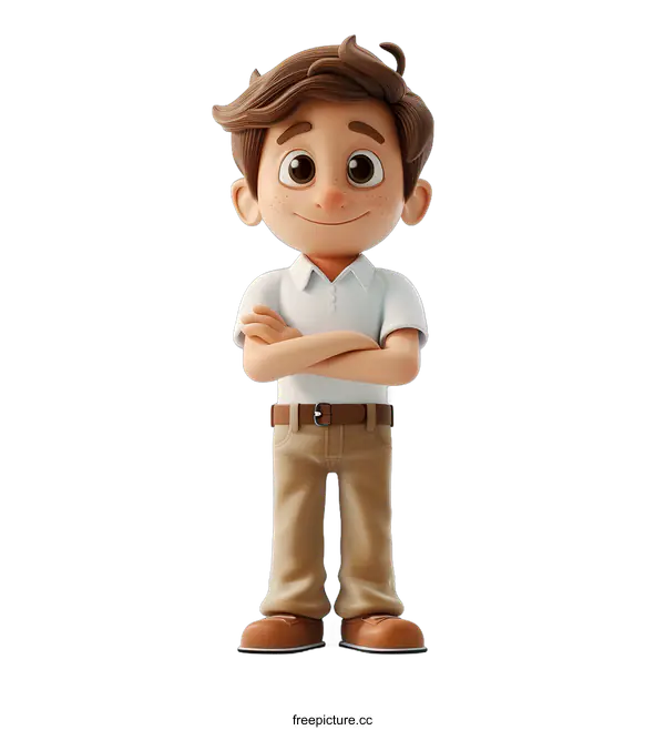 [Transparent Background PNG]3d cartoon character of a boy with brown hair and freckles wearing a white shirt and brown pants
