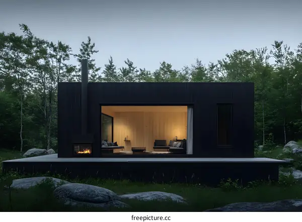 Modern Black Cabin With Large Windows In The Woods