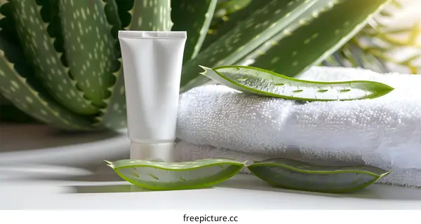 Aloe Vera Plant Leaves and Cream Tube on Towel
