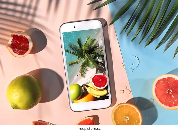 Summer Phone Screen with Tropical Beach and Fruits