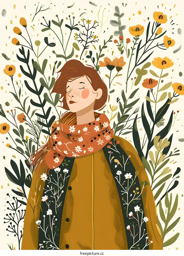 Woman Surrounded by Flowers Illustration