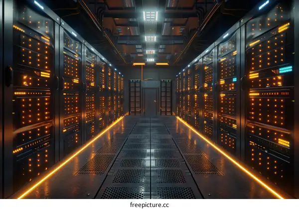 Futuristic server room with bright orange lights illuminating the dark space