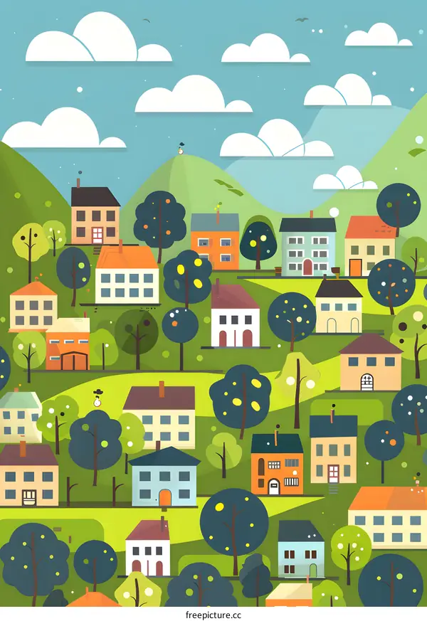 Colorful Cartoon Illustration Of A Small Village In The Hills
