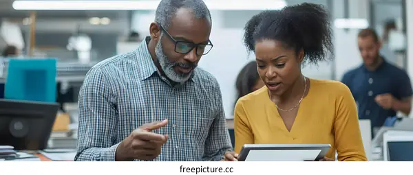 African American and Caucasian Colleagues Discussing Work on Tablet
