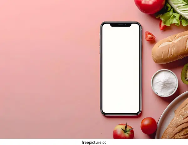 Blank Screen Smartphone with Food on Pink Background