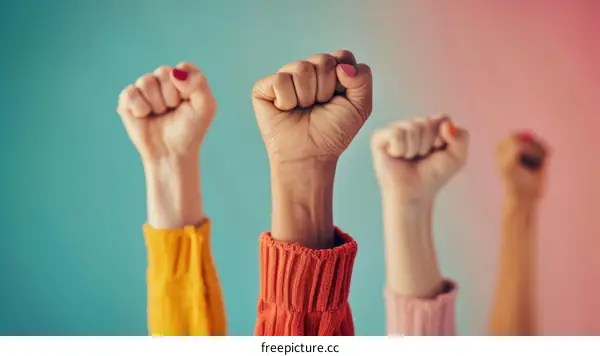 A group of people of different ethnicities raising their fists in solidarity