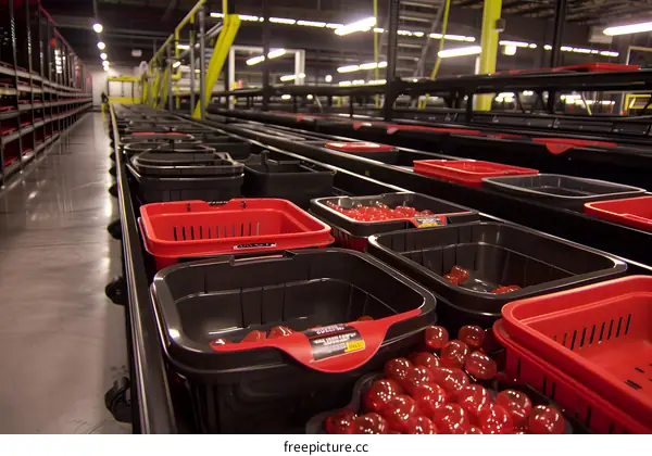 Conveyor Belt System with Red Baskets and Red Balls