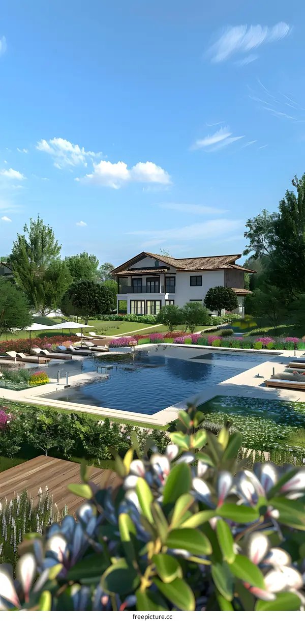 Modern House with Pool and Lush Greenery