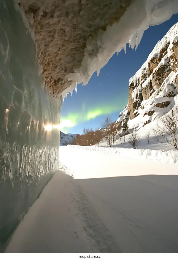 Winter Landscape with Snow Covered Mountains and Aurora Borealis