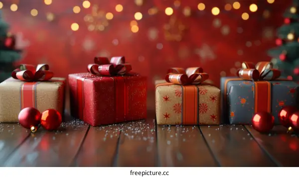 Christmas presents on a wooden table with a red background