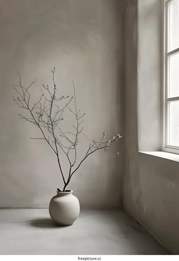 Minimalist White Vase With Branch And Buds In A Corner Room