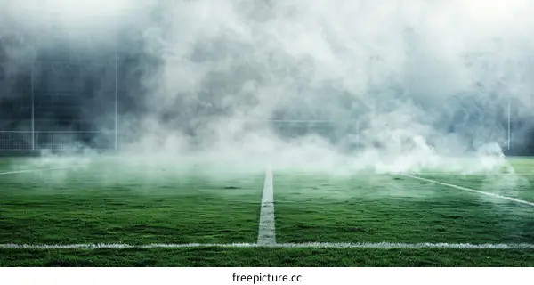 Empty Soccer Field with White Lines and Fog