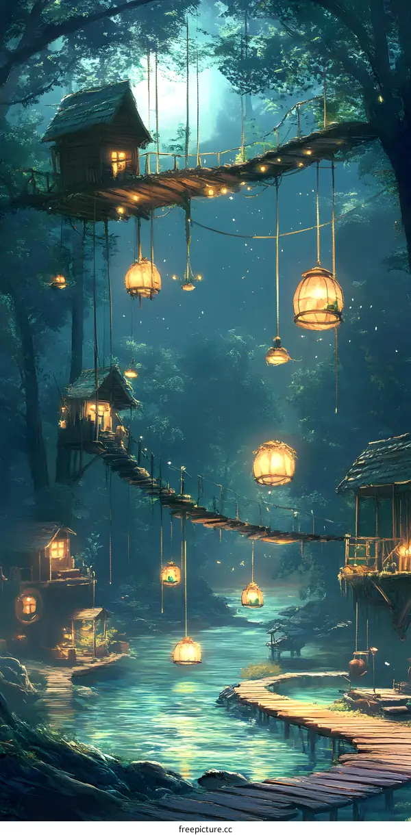Fantasy Treehouse Village with Lanterns and Moon