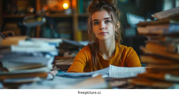 Young woman sitting at a desk surrounded by books and papers