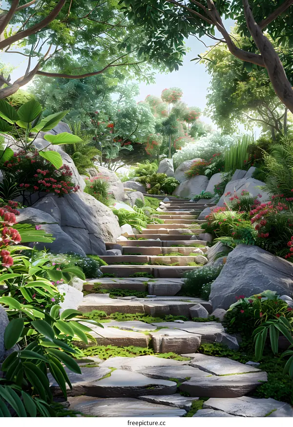 A stone staircase leads up through a lush green forest. The trees are tall and the leaves are a vibrant green. The rocks are covered in moss and the flowers are in bloom.