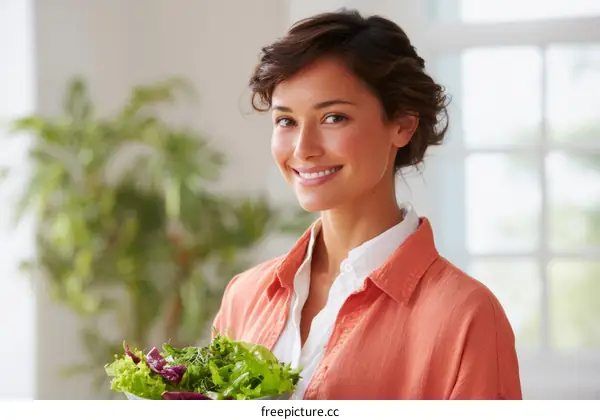 Smiling Woman Holding a Salad Bowl