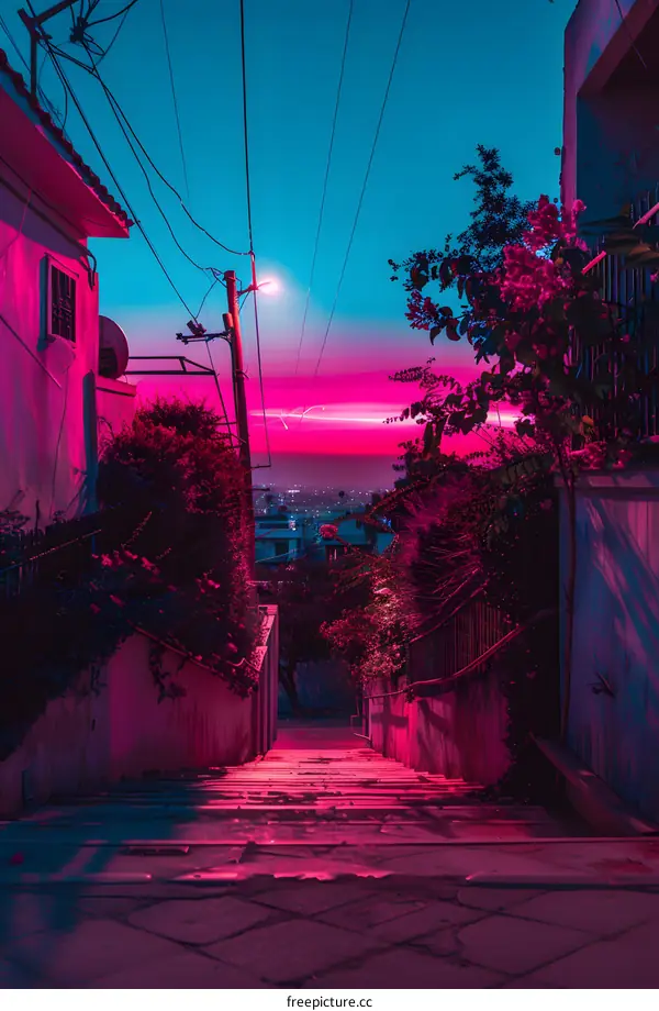 Pink Sunset Alleyway With Stairs