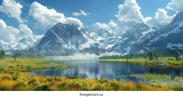Picturesque Mountains, Serene Lake and Vibrant Flowers