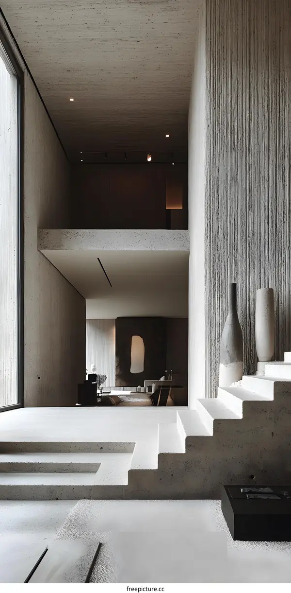 Modern Minimalist Concrete Interior Design with Stairs and Vases