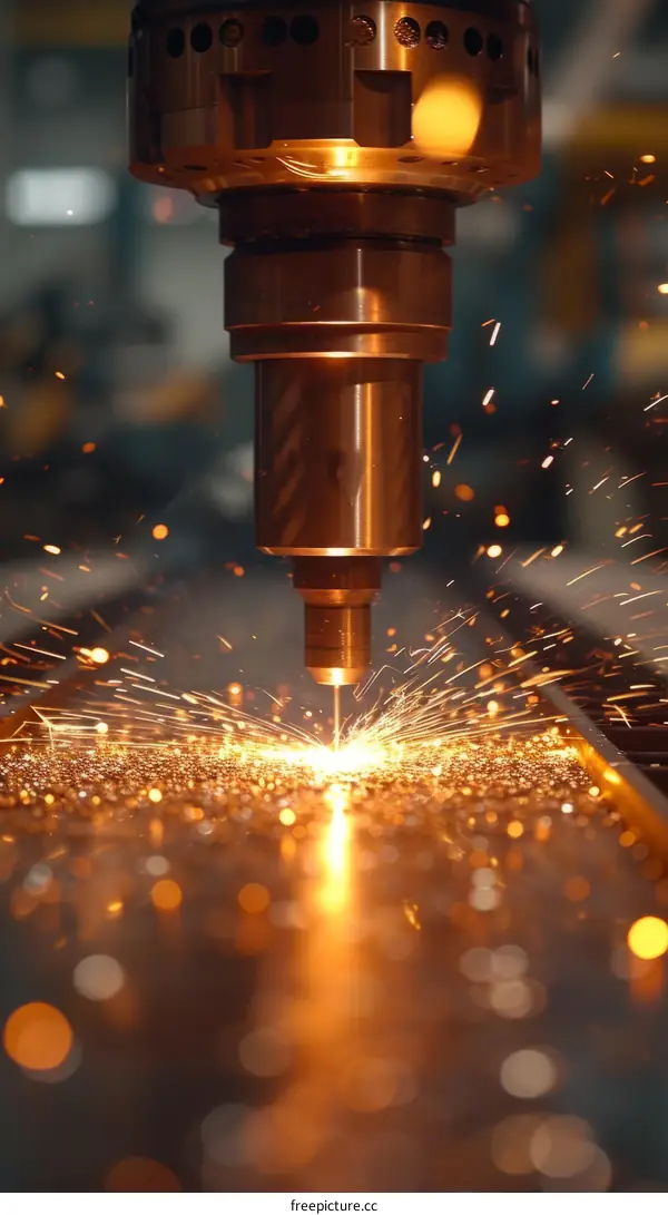 Industrial laser cutting machine in operation, cutting through metal plate, sparks flying