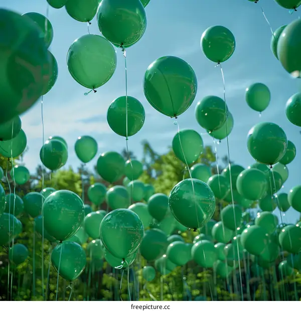Green balloons floating in the sky
