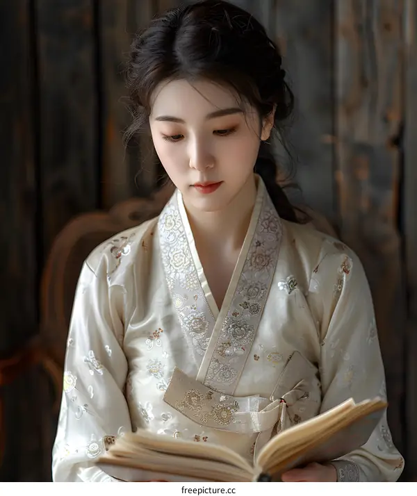 Portrait of a young woman in traditional Korean dress, reading a book