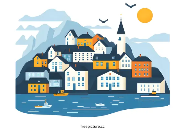 Colorful Illustration of a Town by the Sea