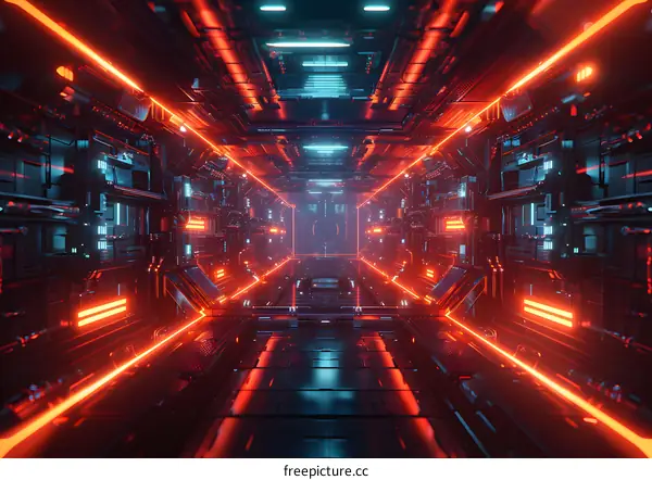 Abstract Sci Fi Corridor With Red Neon Lights