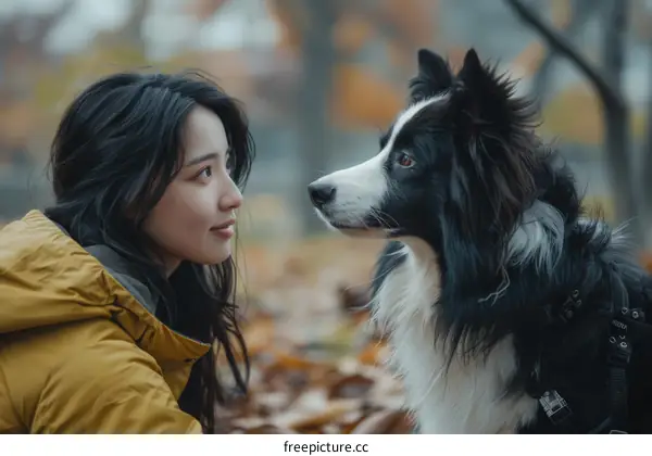 A young woman is sitting on the ground with a Border Collie dog