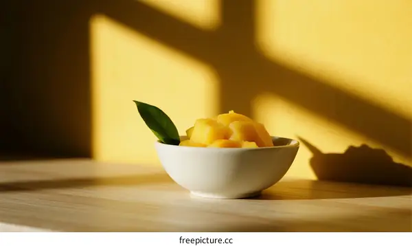 A Bowl of Fresh Yellow Mango Sorbet with Green Leaf