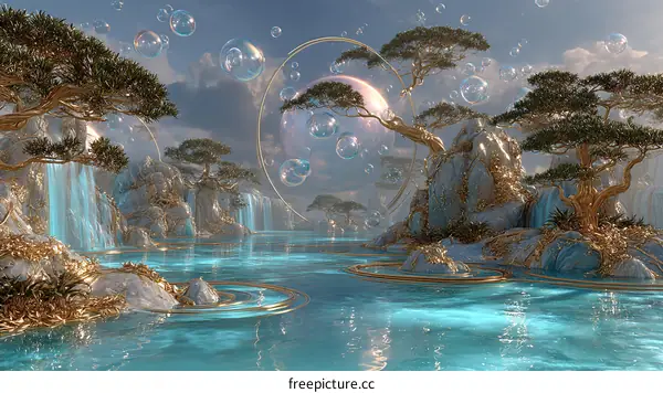 Golden Fantasy Island with Waterfalls and Bubbles