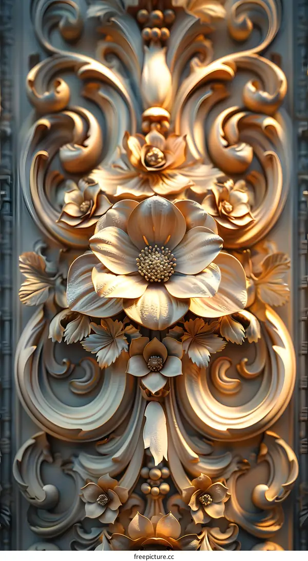 Carved golden flower and leaf wall art