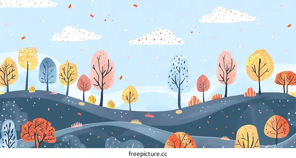 Colorful Autumn Landscape Illustration With Trees And Clouds