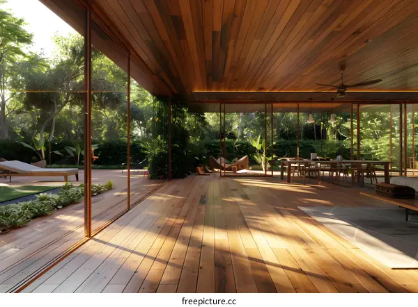 Modern House With Wooden Floor And Large Glass Windows