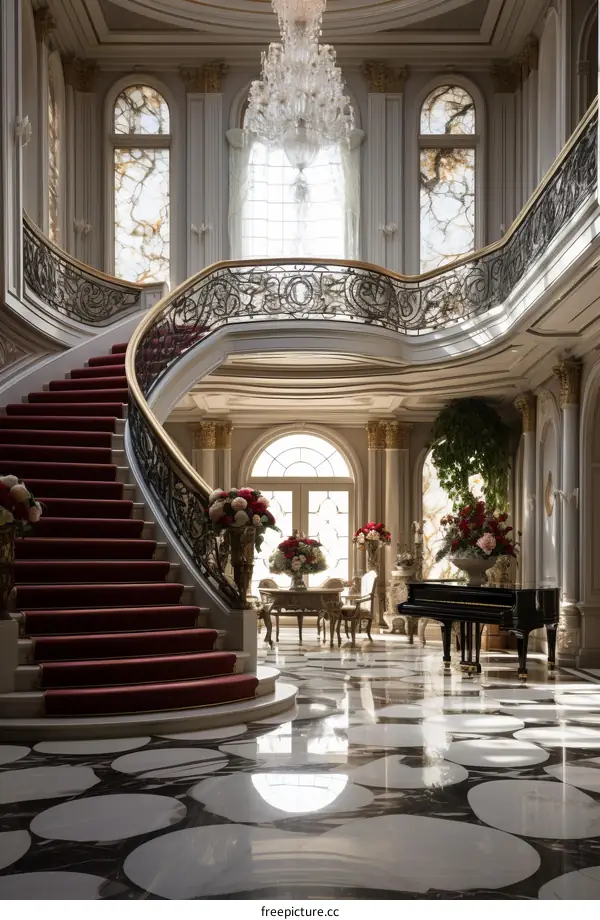 Grand European Mansion Interior with Crystal Chandelier