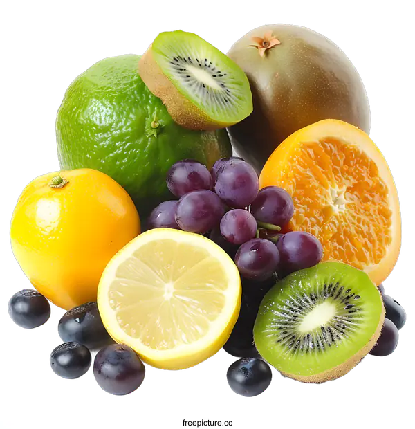 [Transparent Background PNG]Fresh Fruit Collection with Lime, Grapes, Kiwi, Lemon and Orange