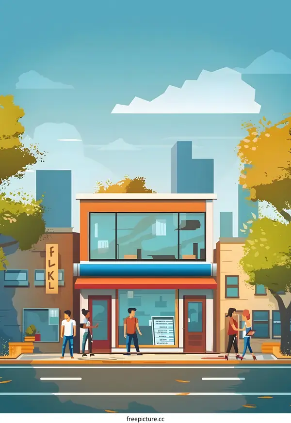 City Street with People and a Small Shop