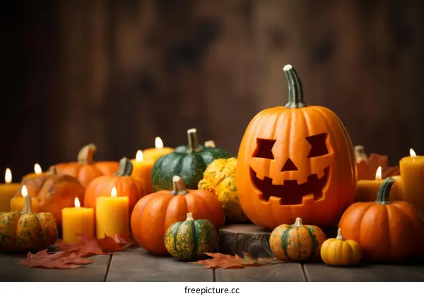Halloween Pumpkins and Candles on a Wooden Table