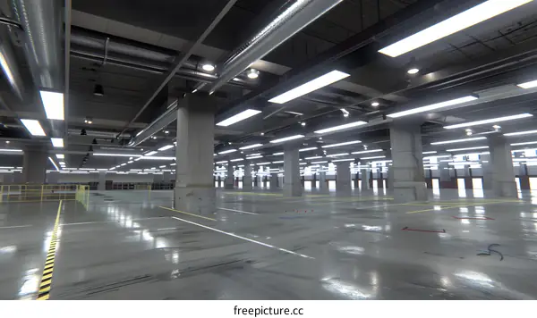 Empty Parking Garage with Concrete Columns and Fluorescent Lights