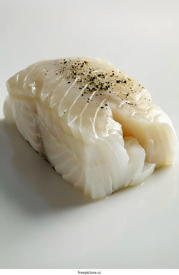 A piece of raw white fish fillet with black peppercorns on a white background
