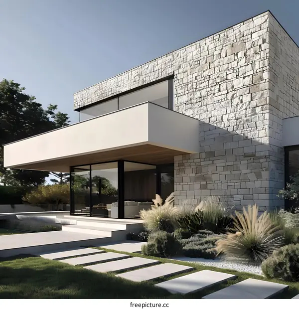 Modern Stone House With Lush Greenery And Patio