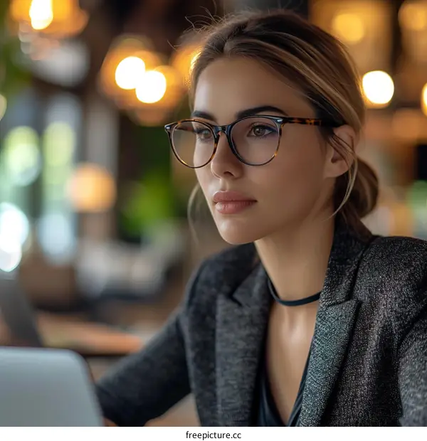 Portrait of a young businesswoman wearing glasses and looking at something thoughtfully