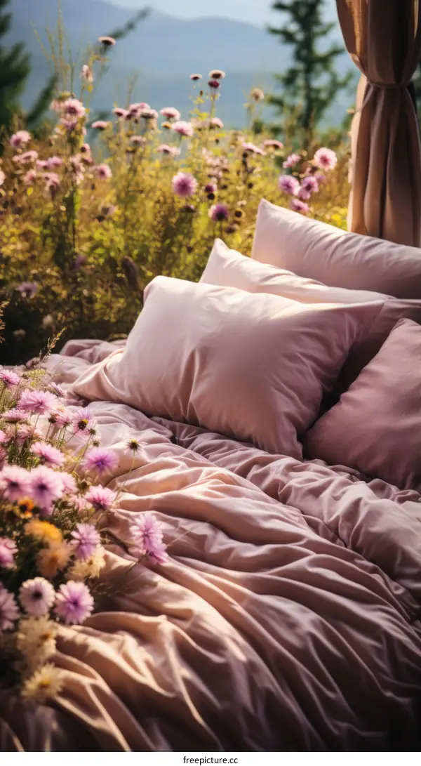 A comfortable bed in a beautiful flower field with a mountain view