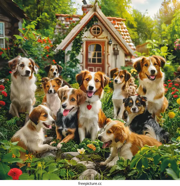 A group of dogs of different breeds are sitting in front of a small cottage in a garden