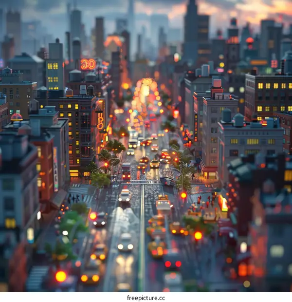 Miniature City Street at Dusk with Many People
