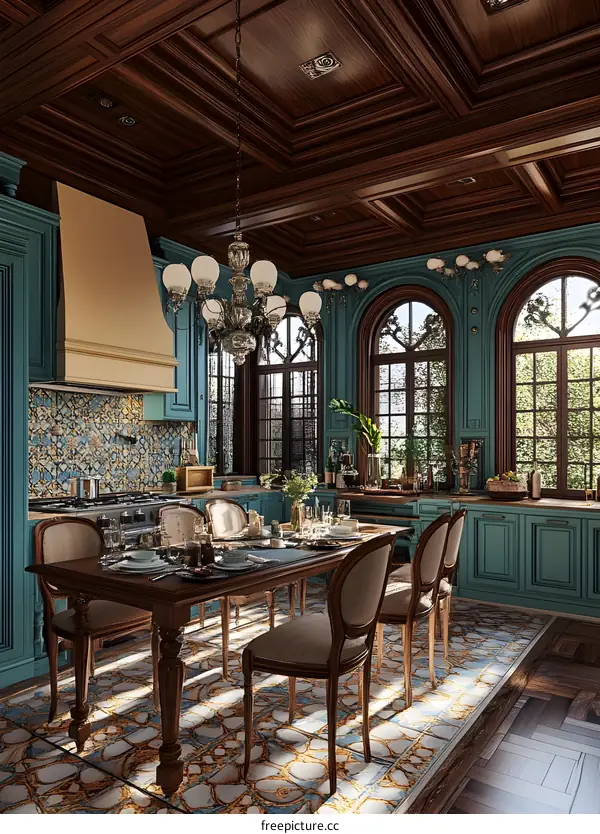 Vintage Kitchen Interior Design With Teal Walls And Wooden Ceiling