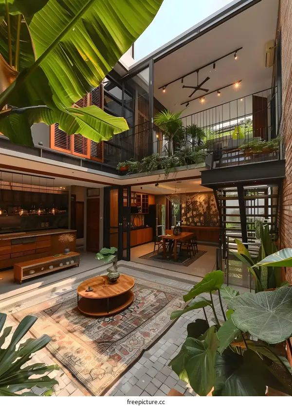 Modern Tropical Courtyard with Green Plants and a Wooden Coffee Table